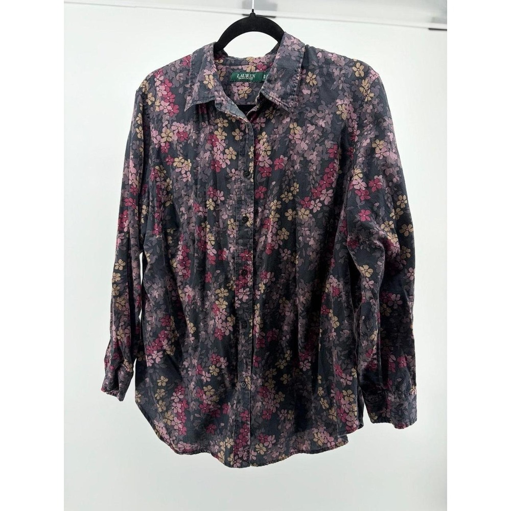 Lauren Ralph Lauren Shirt, Black Floral, Button Front,‎ Long Sleeve Top, Size 1X